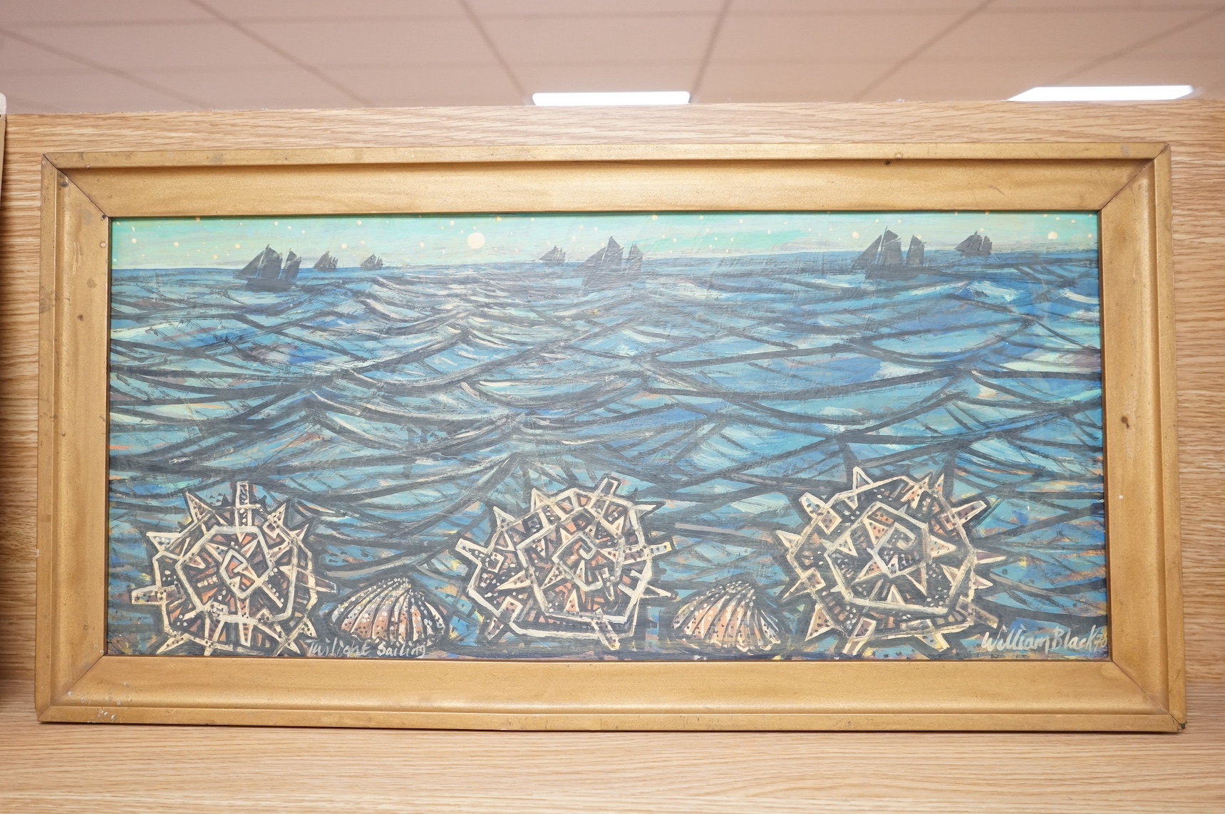 William Black (Cornish, 20th. C), oil on board, 'Twilight sailing', signed and dated '70, 25 x 54cm. Condition - good
